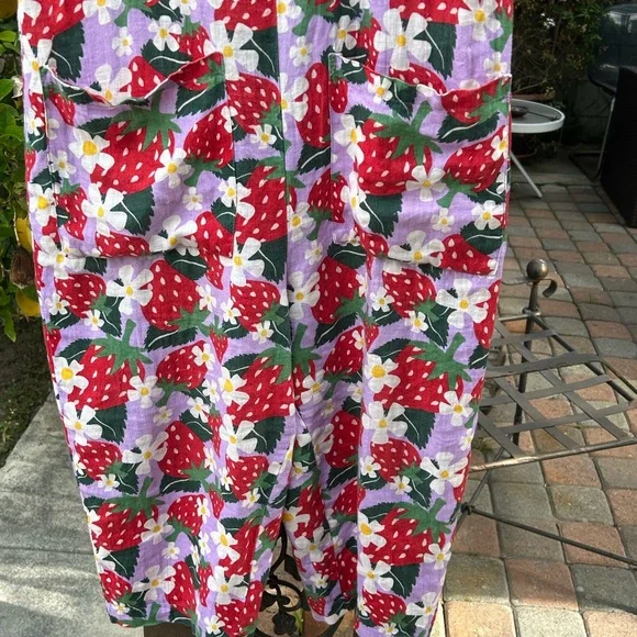 Nooworks Garden Suit Berries strawberry print floral linen jumpsuit XS - Picture 4 of 6